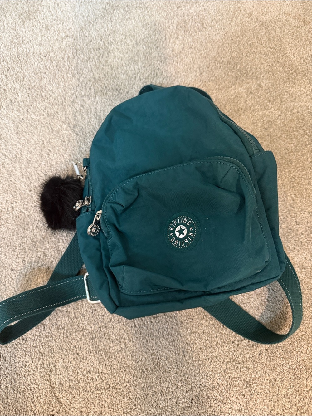 Kipling Dark Teal Nylon Mini Backpack with Pom-Pom Charm